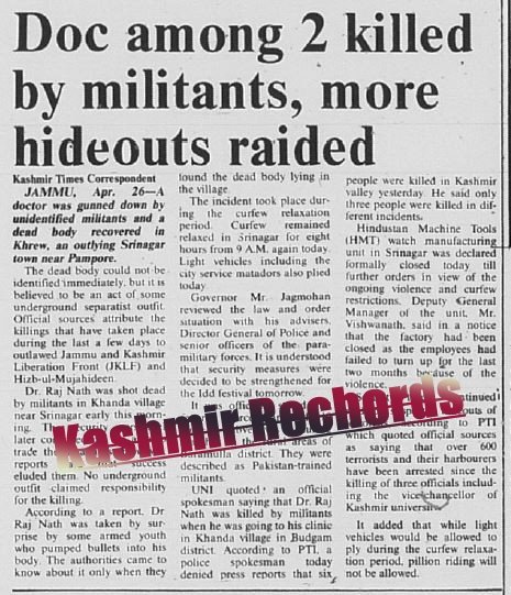 Newspaper clipping reporting the killing of Dr. Raj Nath, April 1990