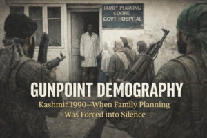 Archival clipping of Kashmir Times January 1990 report on gunpoint campaign against family welfare.