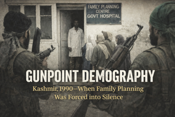 Gunpoint control in Sopore, 1990 - Copy Archival clipping of Kashmir Times January 1990 report on gunpoint campaign against family welfare.