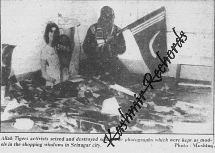 Archive newspaper clipping from January 1990 reporting on the ban of cinema and visual culture in Srinagar