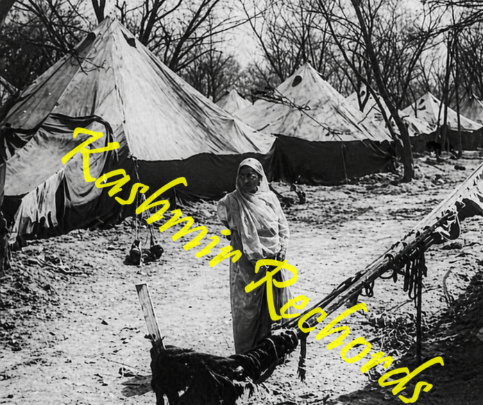 A rare photograph of a Kashmiri Pandit lady in a tented accomodation in 1990, preserved by Kashmir Rechords