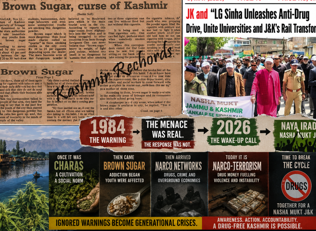 Archival 1984 newspaper clipping titled Brown Sugar Curse of Kashmir