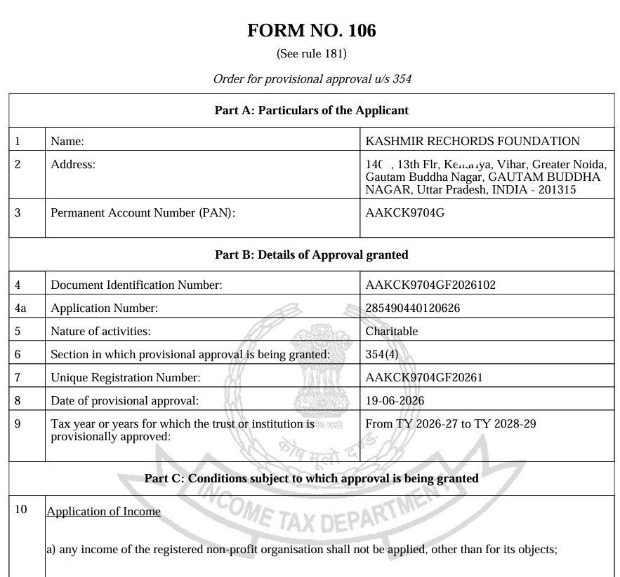 Kashmir Rechords Foundation 80G tax exemption certificate registration details