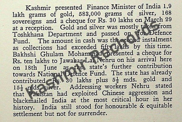 Page from Gwasha Lal Kaul's book Kashmir Through the Ages showing 1963 gold donations.

