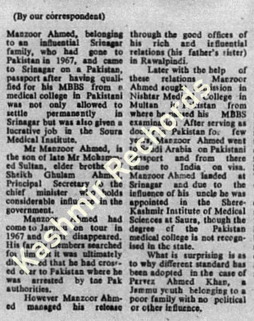 Kashmir Times newspaper clipping from February 19, 1986 regarding SKIMS Soura doctor appointment controversy.