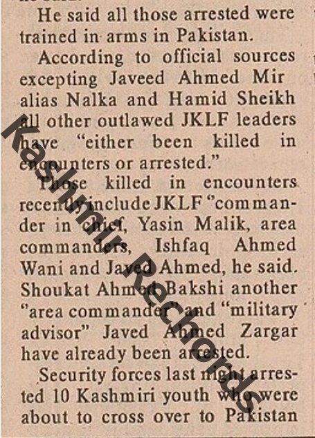 Yasin Malik reported dead Daily Excelsior April 1990