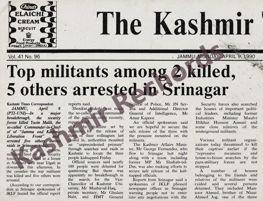 Kashmir Times April 9 1990 front page report claiming Yasin Malik killed