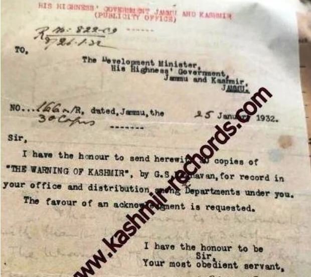 Archival government correspondence page from 1932 regarding the official circulation of the book Warning of Kashmir