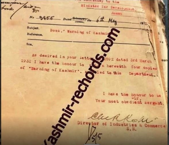 Archival government correspondence page from 1932 regarding the official circulation of the book Warning of Kashmir