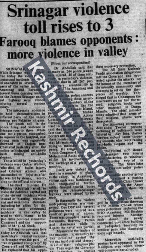 Archival newspaper report titled Srinagar violence toll rises to 3 showing May 1984 coverage.