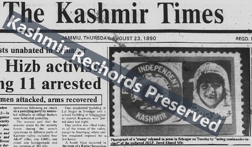 JKLF propaganda postal stamp report in Kashmir Times August 23 1990