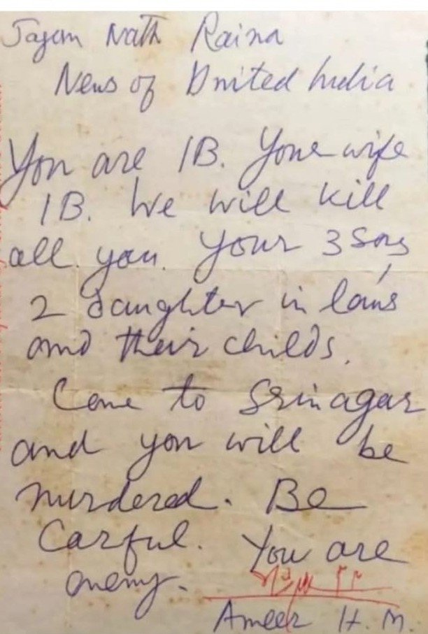 A specimen of threatening letter and posters circulated in Kashmir during 1990