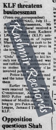 A threat to a Kashmiri Pandit businessman in 1984.