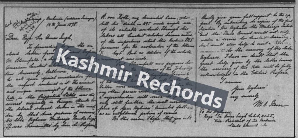 Aurel Stein's  letter to Raja Amar Singh, urging the Jammu and Kashmir administration to support its publication and to honour Maharaja Ranbir Singh's contribution to Sanskrit scholarship