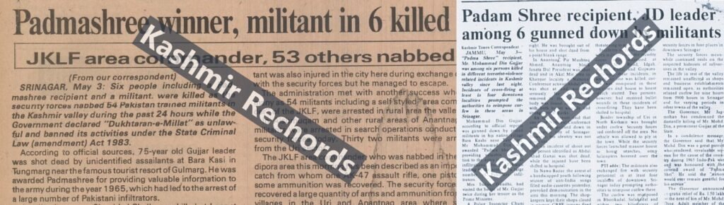 May 1990 newspaper clippings from Kashmir Times and Daily Excelsior reporting the assassination of Padma Shri Din Mohammad by militants.