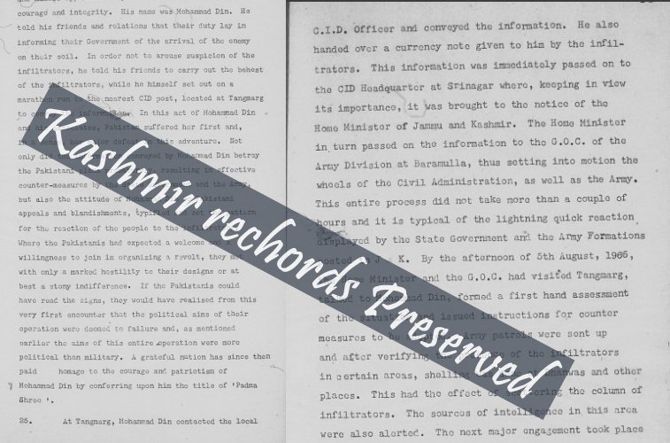 Archival intelligence document from 1965 detailing the role of Din Mohammad in reporting Pakistani infiltrators in Jammu and Kashmir.
