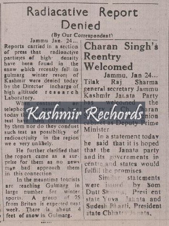 A newspaper clipping of January 1979 when Jammua nd Kashmir denied presence of radio active substance in Gulmarg.