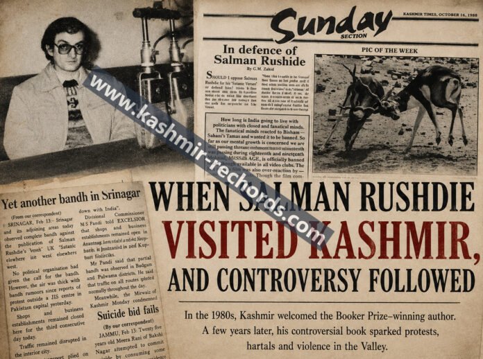 Salman Rushie feature NAME JPG Archival collage showing newspaper clippings and photos of Salman Rushdie's Kashmir visit