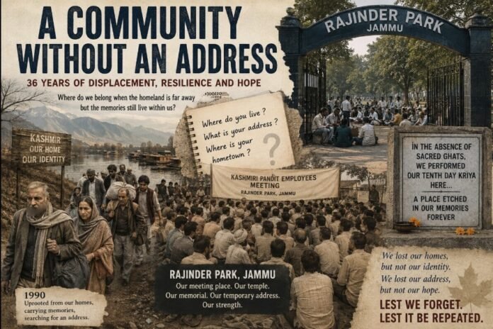 Feature poster titled “A Community Without an Address” depicting the Kashmiri Pandit experience of displacement since 1990, with Rajinder Park, Jammu, as a symbolic temporary address, alongside scenes of migration, community gatherings, memories of Kashmir and a message of resilience, identity and remembrance.
