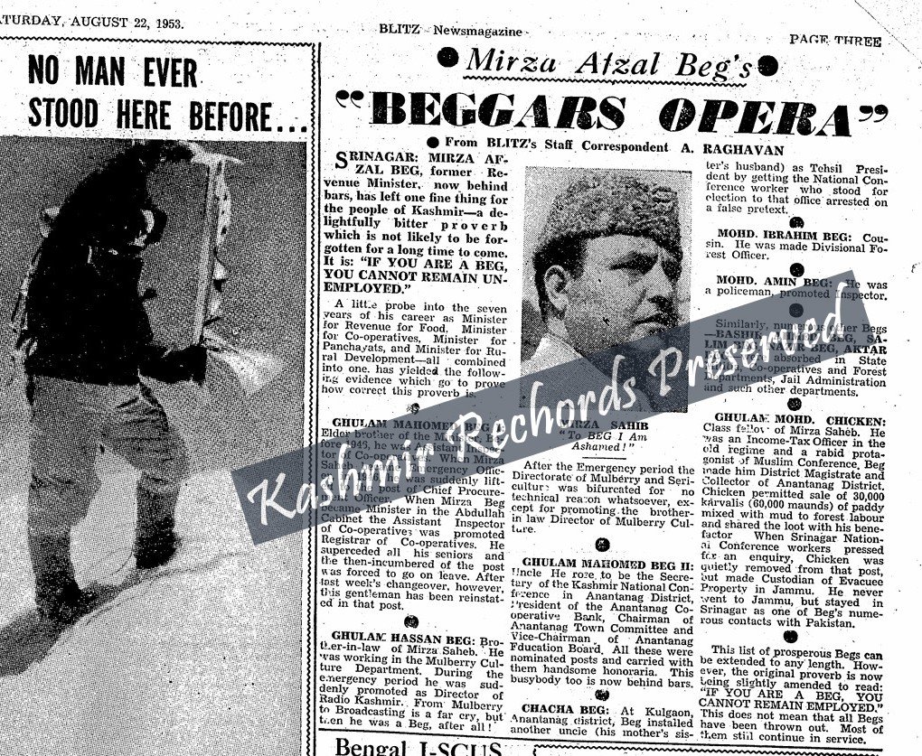 1953 Blitz newspaper clipping exposing alleged nepotism in Kashmir under Mirza Afzal Beg
