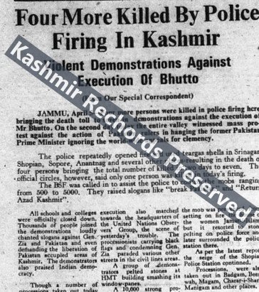 Killings in Kashmir following execution of Bhutto