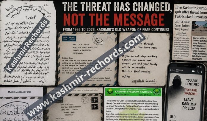 final poster picture JPG NAME From handwritten warnings of the 1960s to online threats today, Kashmir has seen the same weapon of psychological terror for decades