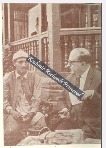 Archival photograph of Padma Shri Din Mohammad speaking with Jammu and Kashmir Chief Minister G.M. Sadiq after the 1965 war.