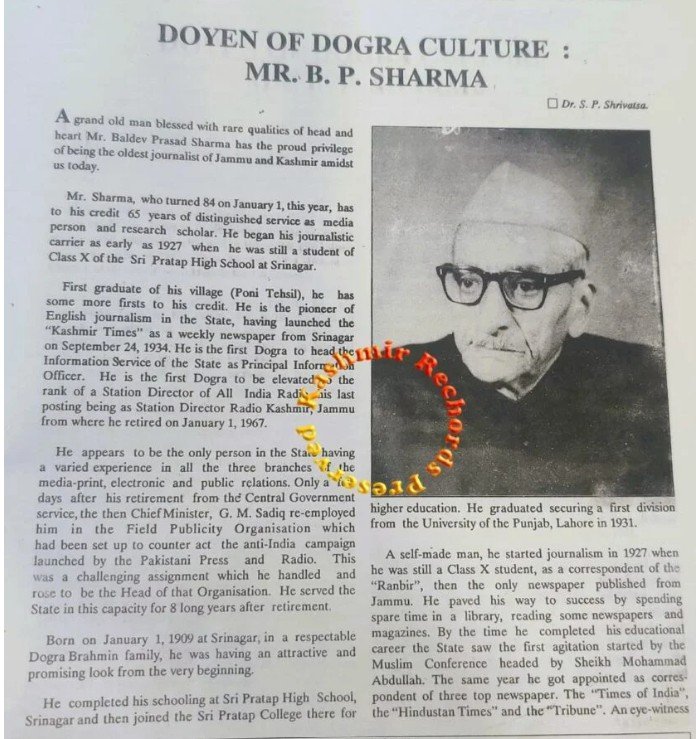 Portrait of B. P. Sharma, recognized as a walking encyclopedia of Jammu and Kashmir
