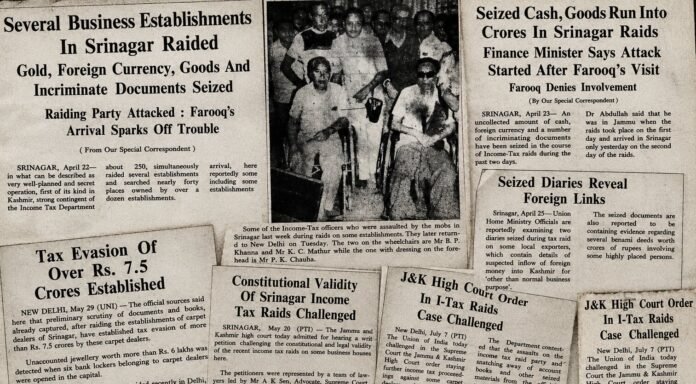 1981 newspaper clippings documenting the Srinagar Income-Tax raids, injured officers, seized cash and documents, alleged foreign links, tax-evasion claims and subsequent court challenges.