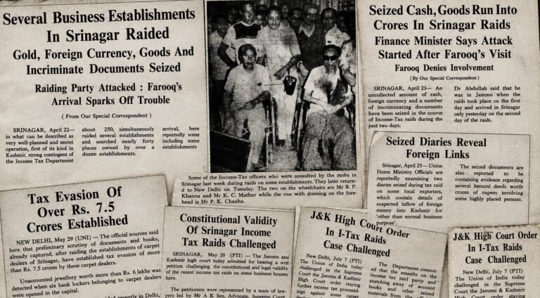 1981 newspaper clippings documenting the Srinagar Income-Tax raids, injured officers, seized cash and documents, alleged foreign links, tax-evasion claims and subsequent court challenges.