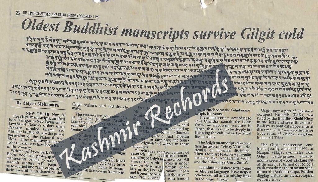 Hindustan Times newspaper cutting of December 1997 carrying a detailed story on Gilgit manuscripts.

