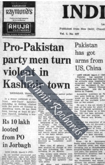 Indian Express, March 10, 1982 quoting PTI news on Anantnag riots.
