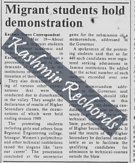 Kashmiri migrant students holding a dharna on March 20, 1990, demanding academic admissions and exam protections