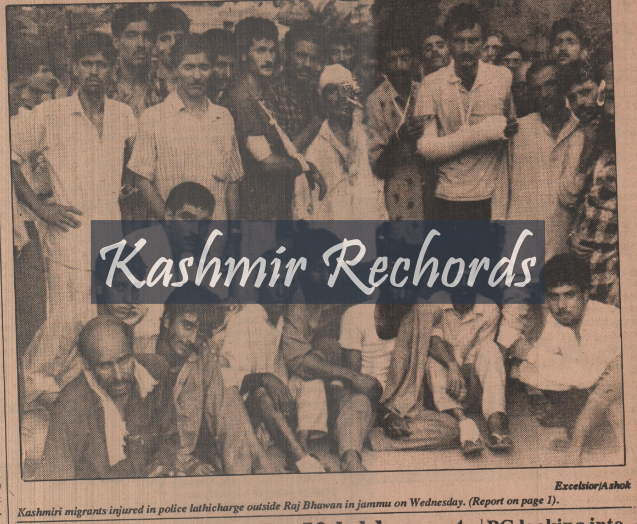 Newspaper report and photograph showing Kashmiri migrants lathicharged by police during protests in June 1990