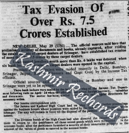 May 29, 1981 newspaper clipping reporting alleged tax evasion of more than Rs. 7.5 crores following Income-Tax raids on carpet dealers in Srinagar and other cities.