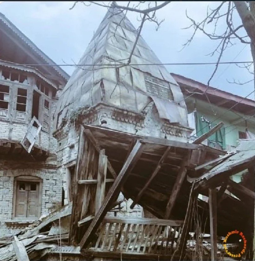 A view of a damged temple in Anantnag  riots of 1986