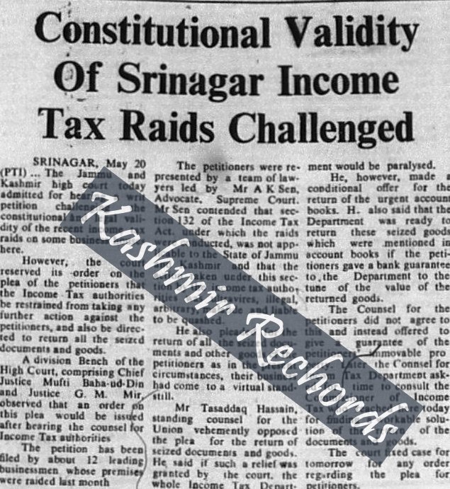 May 20, 1981 newspaper clipping reporting a Jammu and Kashmir High Court challenge to the constitutional validity of the Srinagar Income-Tax raids.