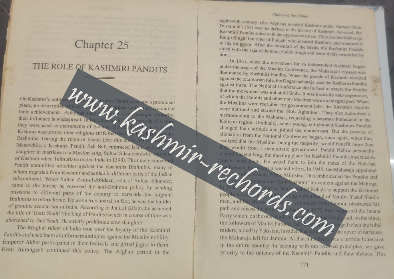Page from Sheikh Abdullah's autobiography Flames of the Chinar discussing the historical role of Kashmiri Pandits
