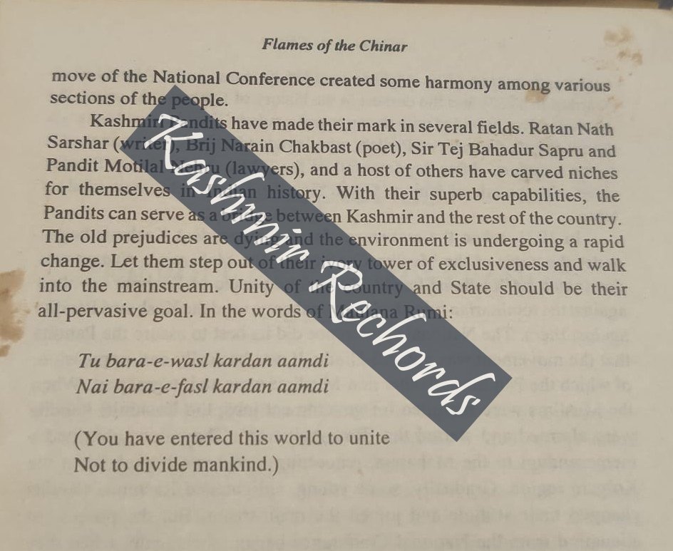 Page from Flames of the Chinar containing Sheikh Abdullah's observations on Kashmiri Pandits and their role in Kashmir