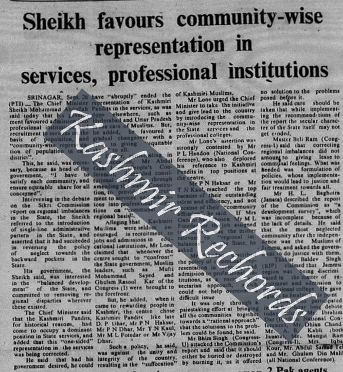 September 1981 newspaper report on Sheikh Abdullah's Assembly remarks about Kashmiri Pandit representation in State services