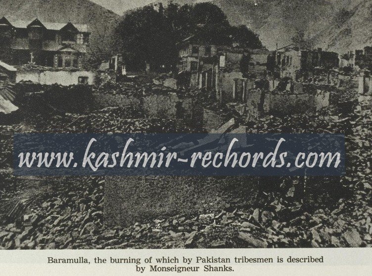 Archival photograph depicting the devastation in Baramulla during the October 1947 tribal invasion of Jammu and Kashmir