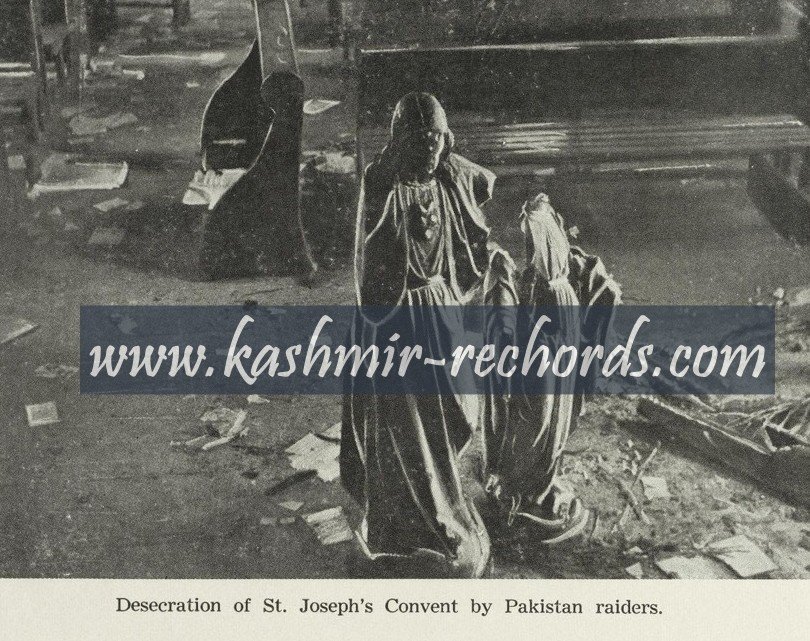Historic photograph showing the aftermath and desecration at St. Joseph's Convent and Hospital in Baramulla, 1947.