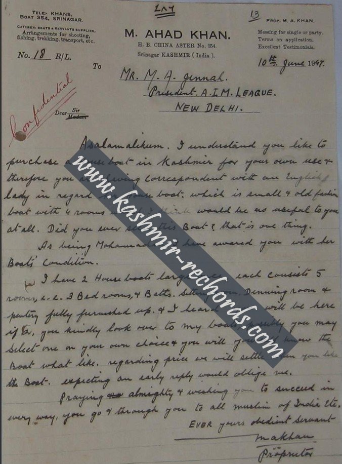 Facsimile of M. Ahad Khan's June 10, 1947 letter to M. A. Jinnah."